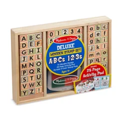 Melissa & Doug Deluxe Letters And Numbers Wooden Stamp Set ABCs 123s With Activity Book, 4-Color Stamp Pad