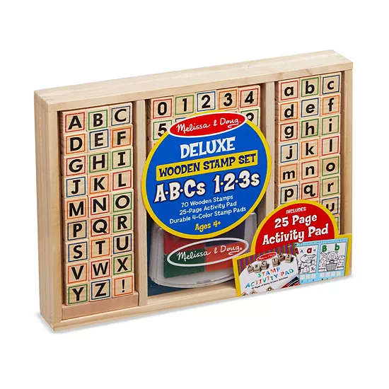 Melissa & Doug Deluxe Letters And Numbers Wooden Stamp Set ABCs 123s With Activity Book, 4-Color Stamp Pad 1 Melissa & Doug Deluxe Letters And Numbers Wooden Stamp Set ABCs 123s With Activity Book, 4-Color Stamp Pad